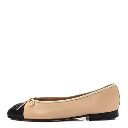 Chanel Lambskin Cap Toe CC Ballerina Flats 36.5 Beige Black 1 of 8