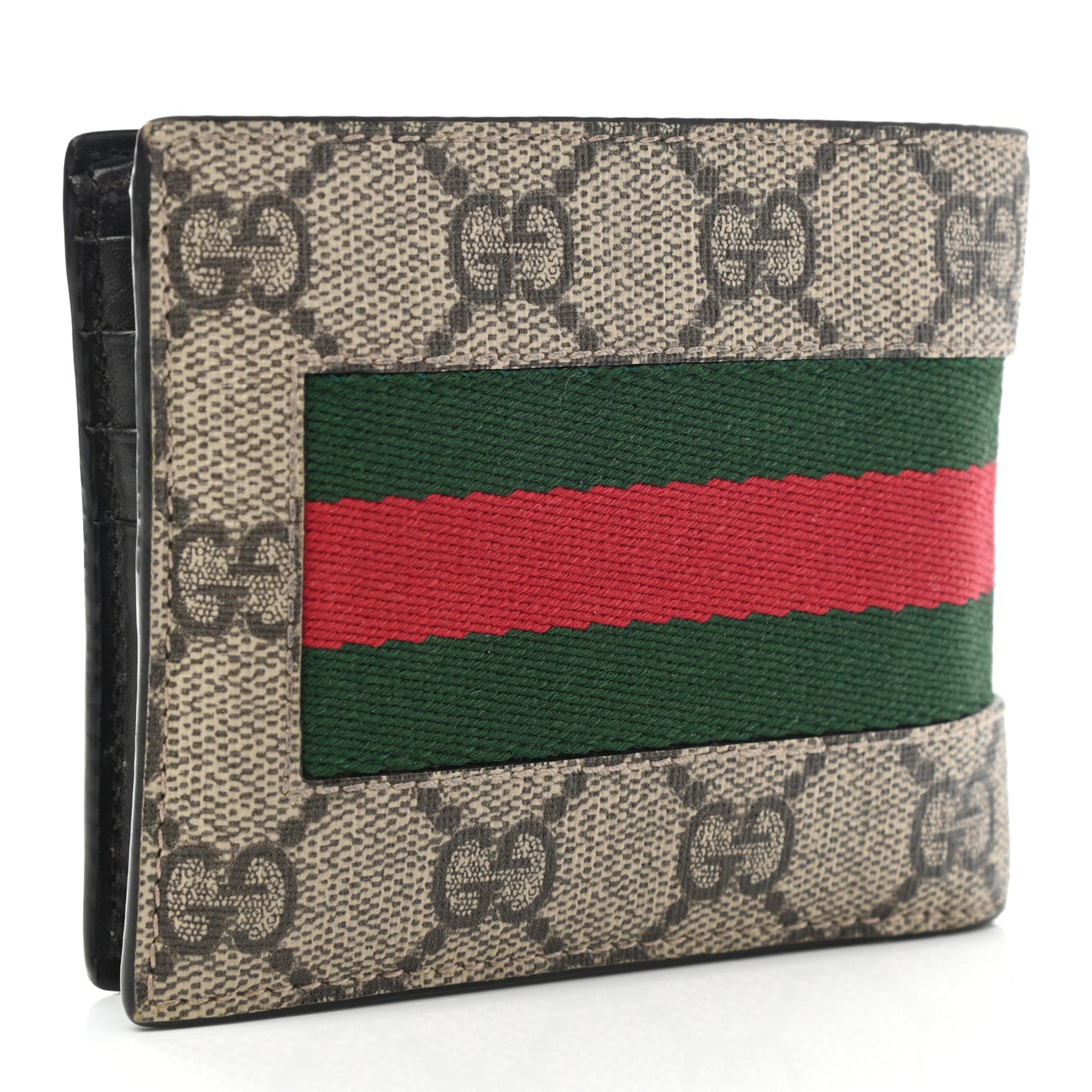 GG Supreme Monogram Selleria Calfskin Web New Web Bi-Fold Wallet Beige Ebony Cocoa