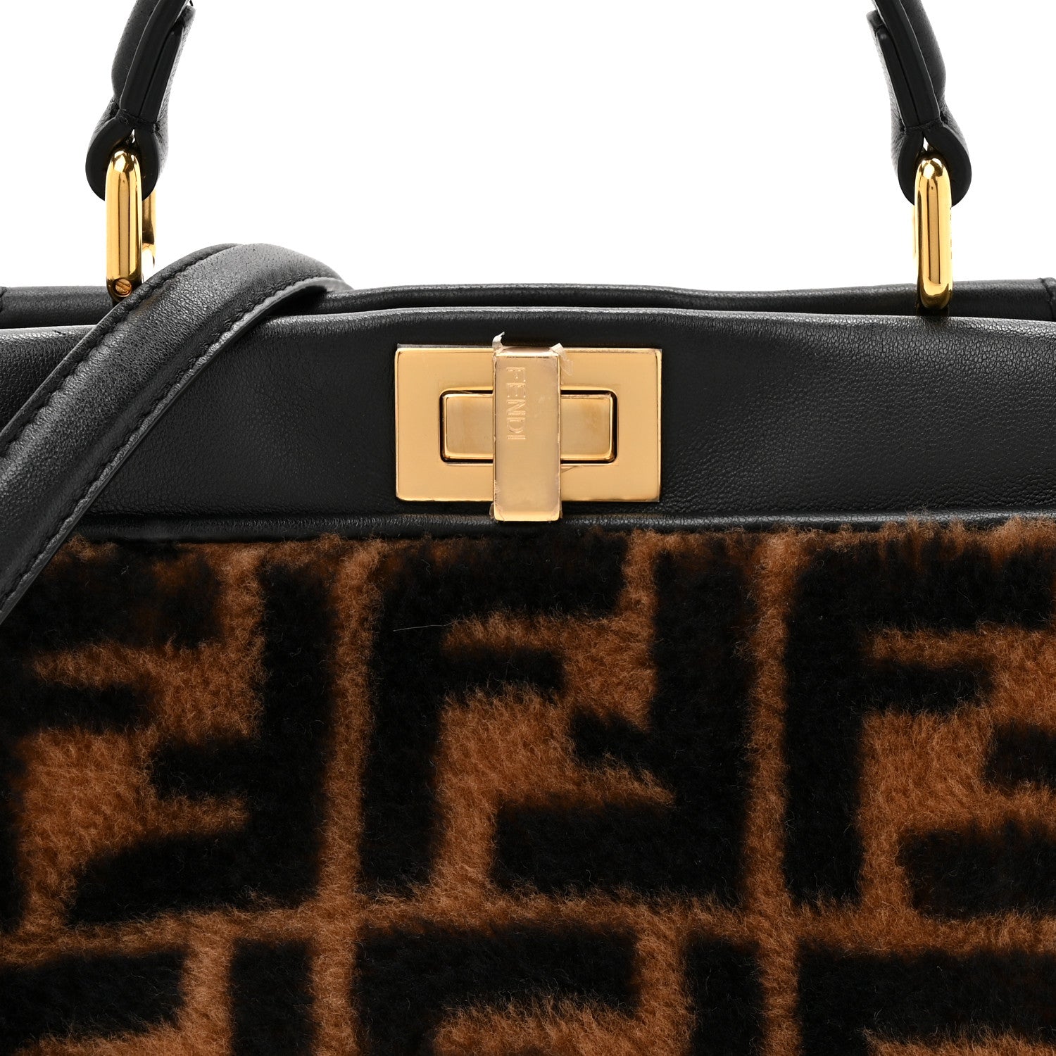 Fendi Shearling Nappa Macro FF 1974 Mini Peekaboo Iconic Satchel Tobacco Black 9 of 12