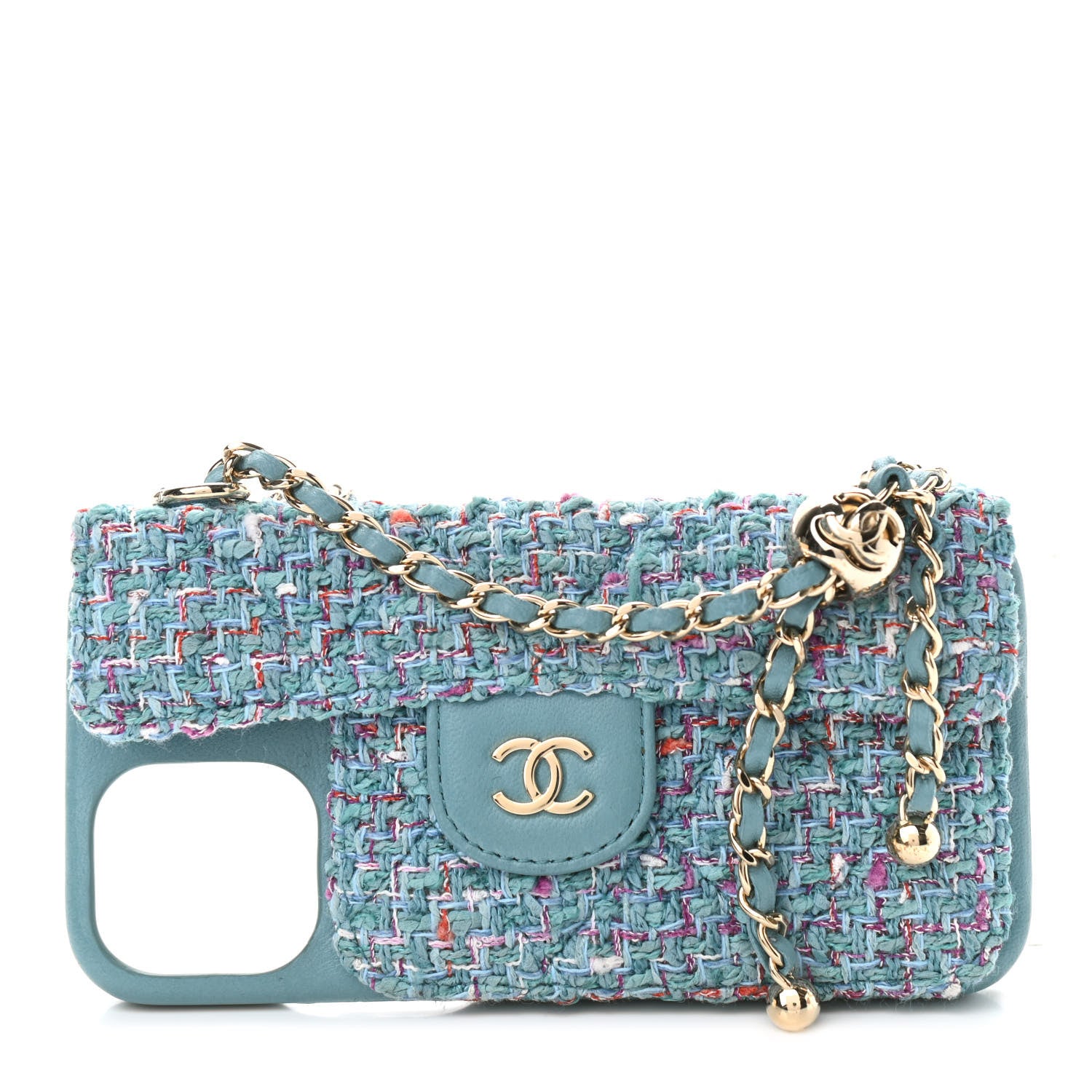 Chanel Tweed Quilted iPhone XII Pro Case With Chain Turquoise Purple White Red 1 of 8
