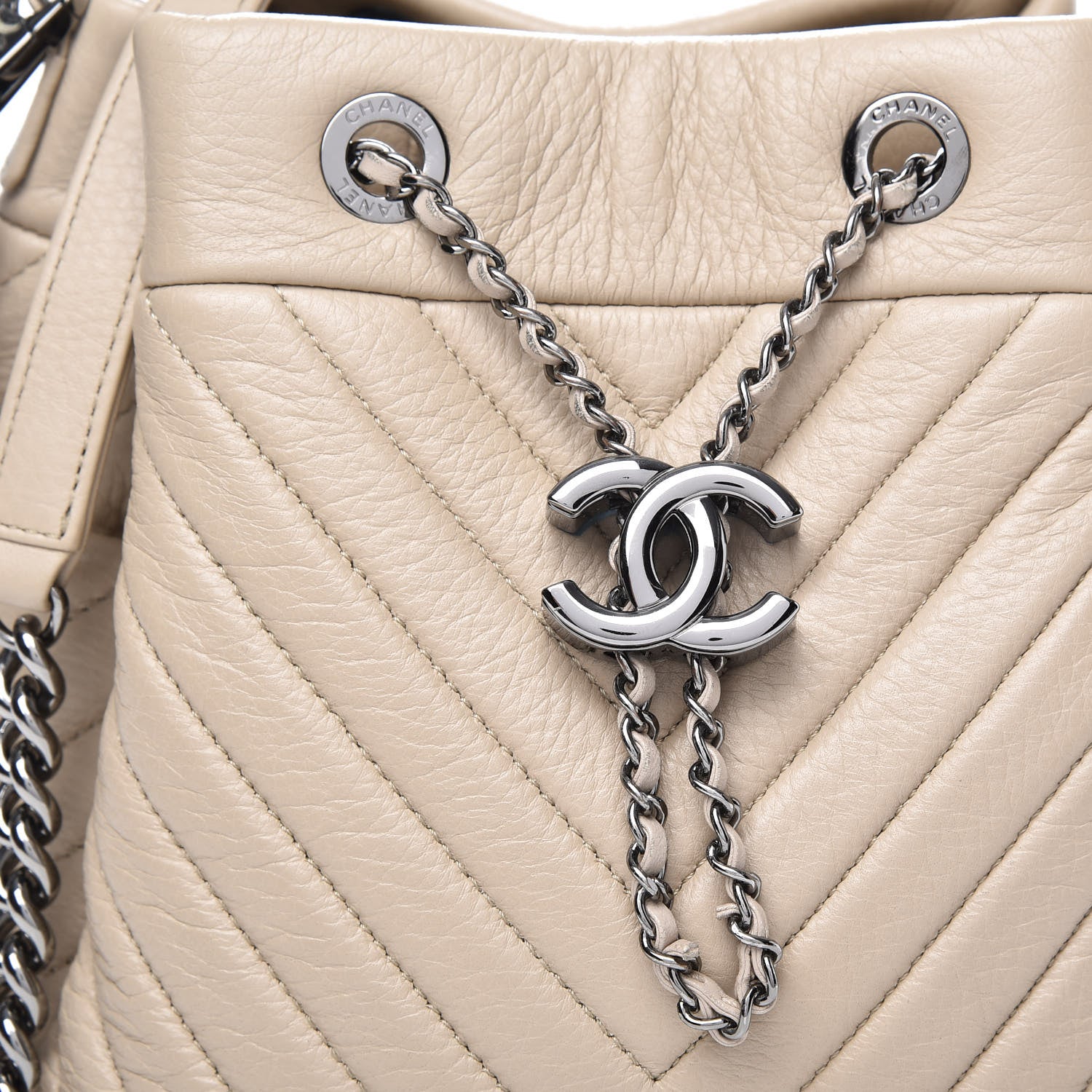 Chanel Deerskin Chevron Small CC Chain Bucket Bag Beige 10 of 11