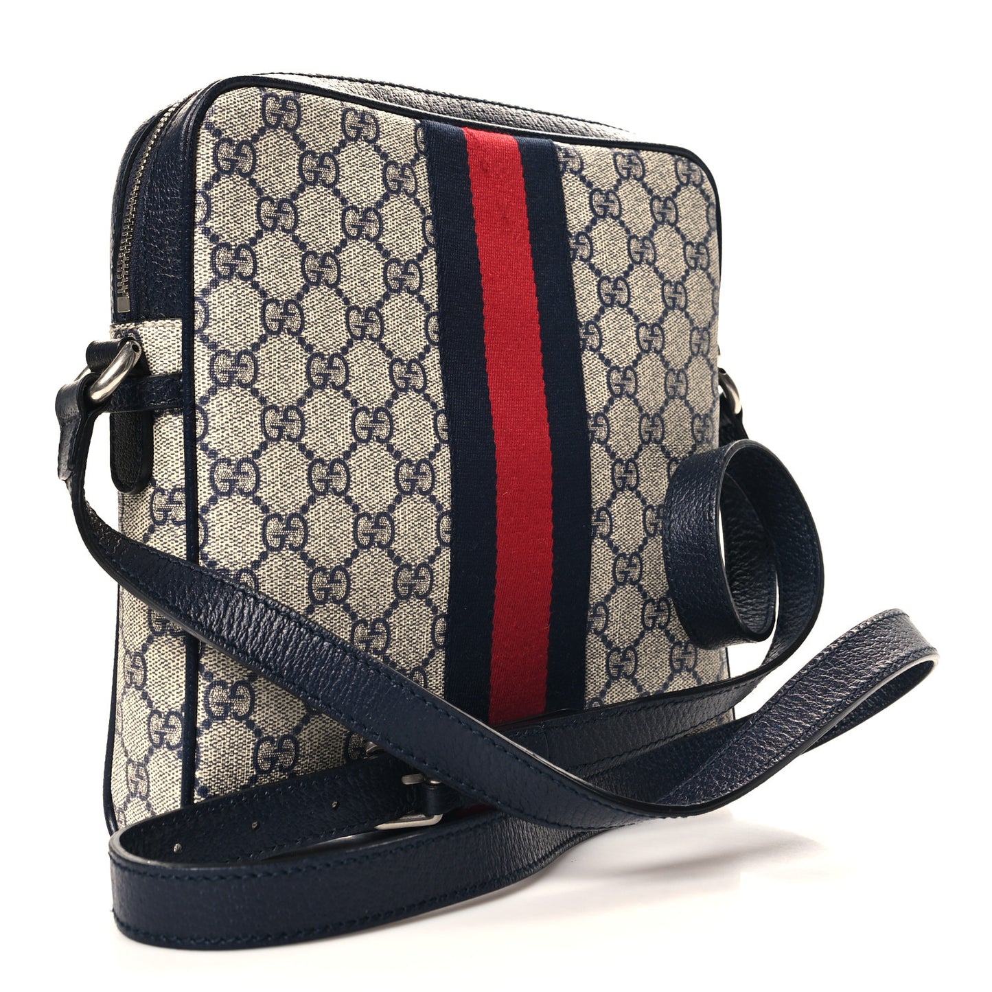 GG Supreme Monogram Textured Dollar Calfskin Web Small Ophidia Messenger Bag Beige Blue