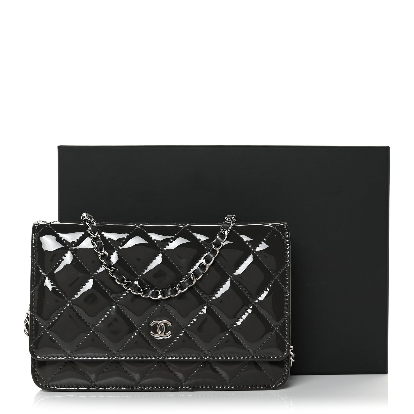 Patent Quilted Wallet On Chain WOC Dark Grey