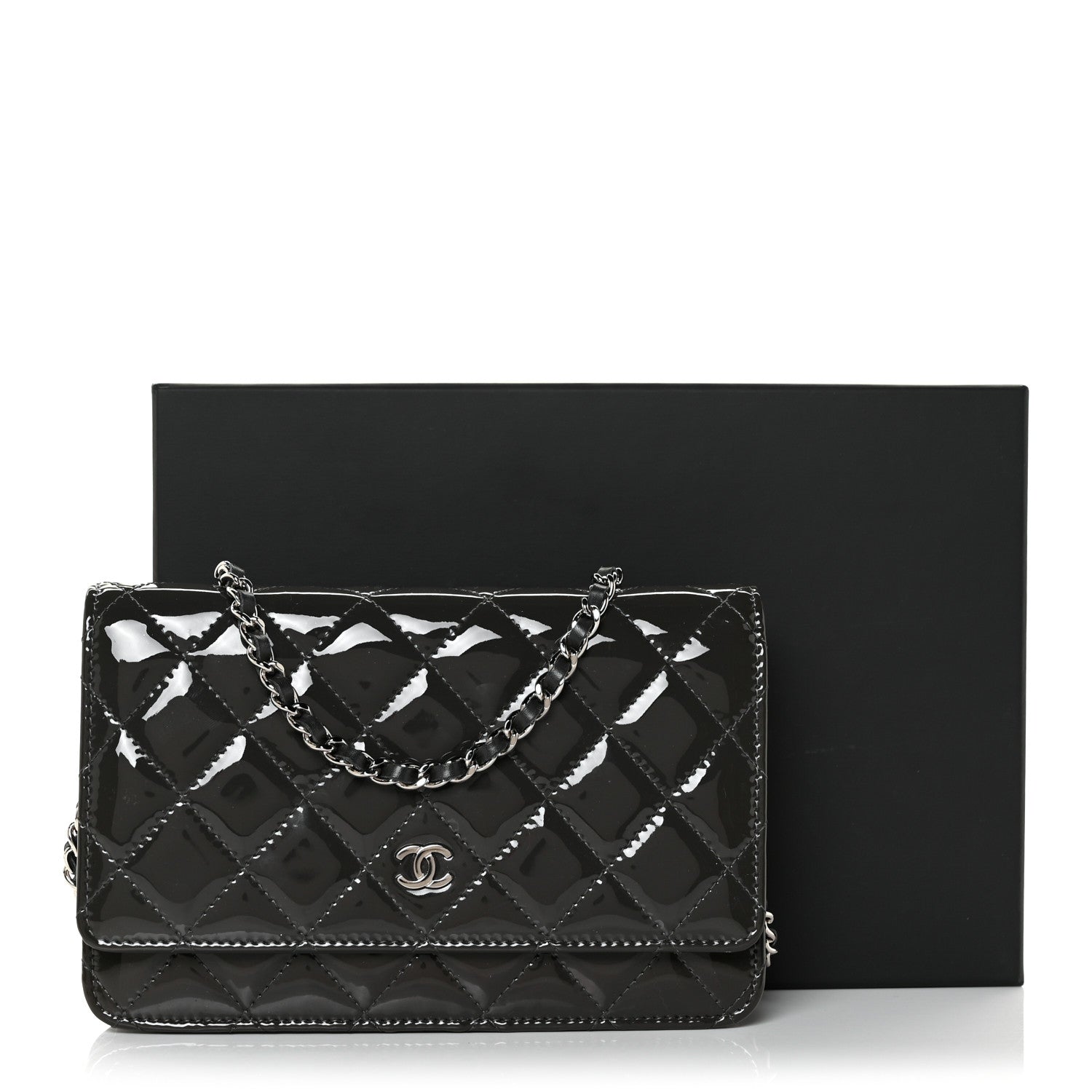 Chanel Patent Quilted Wallet On Chain WOC Dark Grey 13 of 13