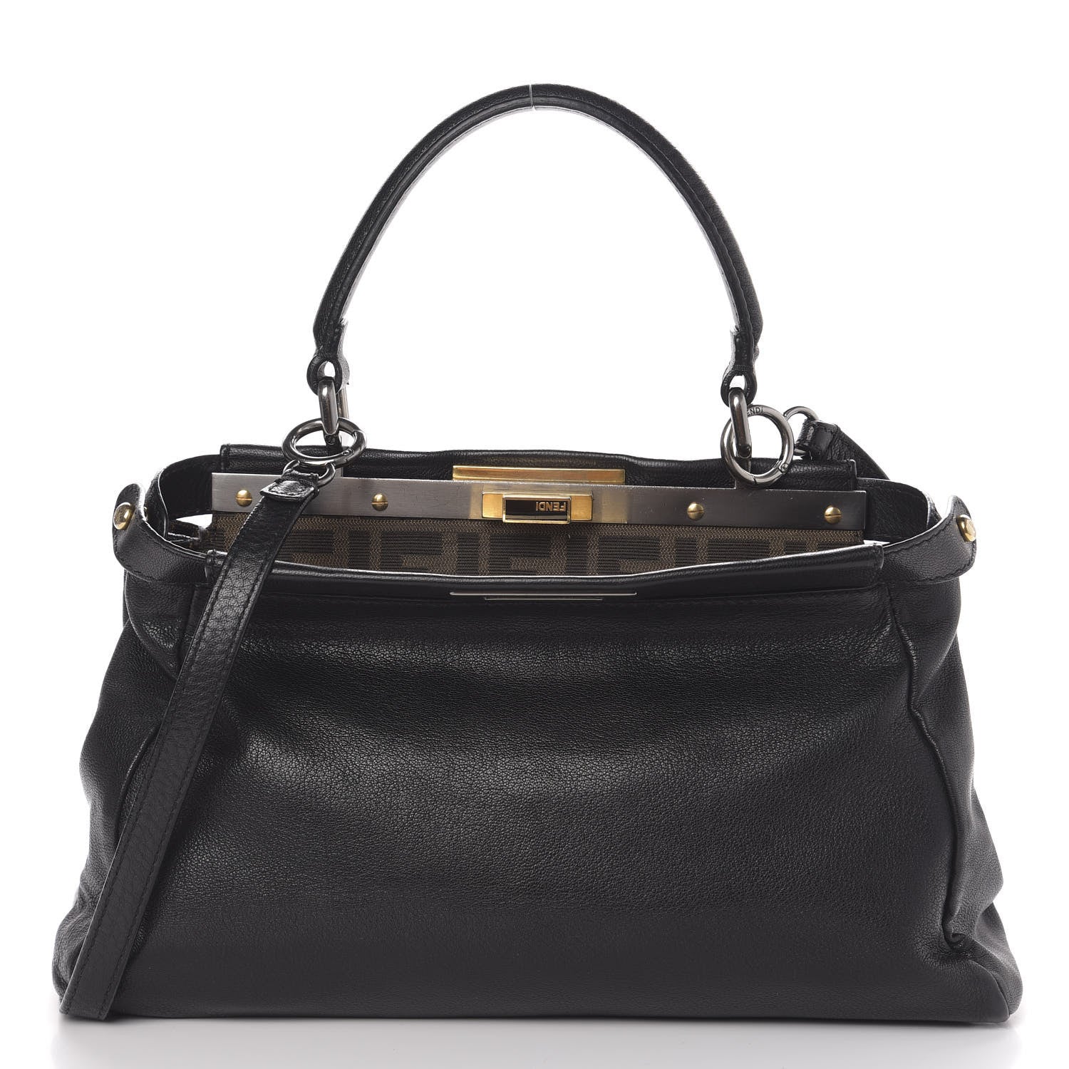 Fendi Goatskin Zucca Medium Peekaboo Iconic Satchel Black Tobacco 1 of 10