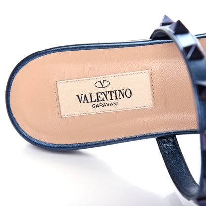 Valentino Garavani Metallic Nappa Rockstud Caged Flat Slide Sandals 36 Marine 8 of 11