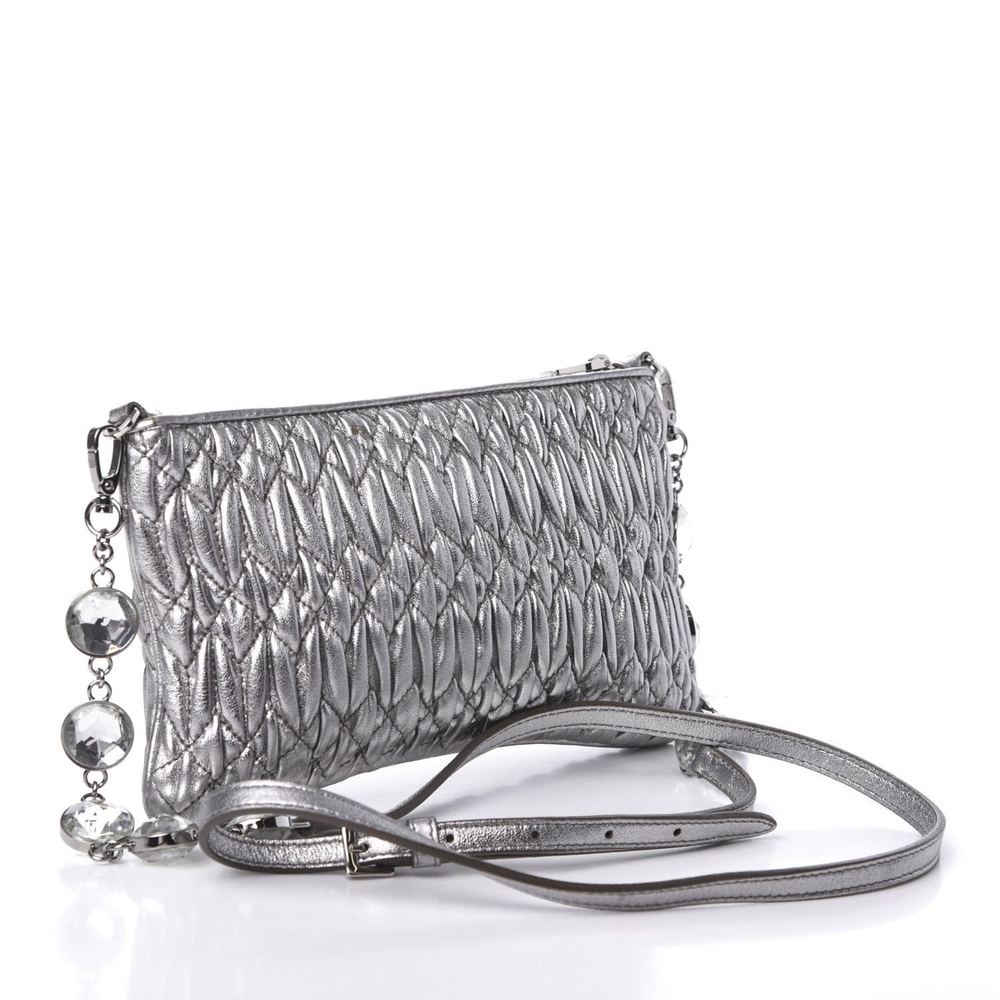 Metallic Nappa Matelasse Crystal Chain Crossbody Cromo