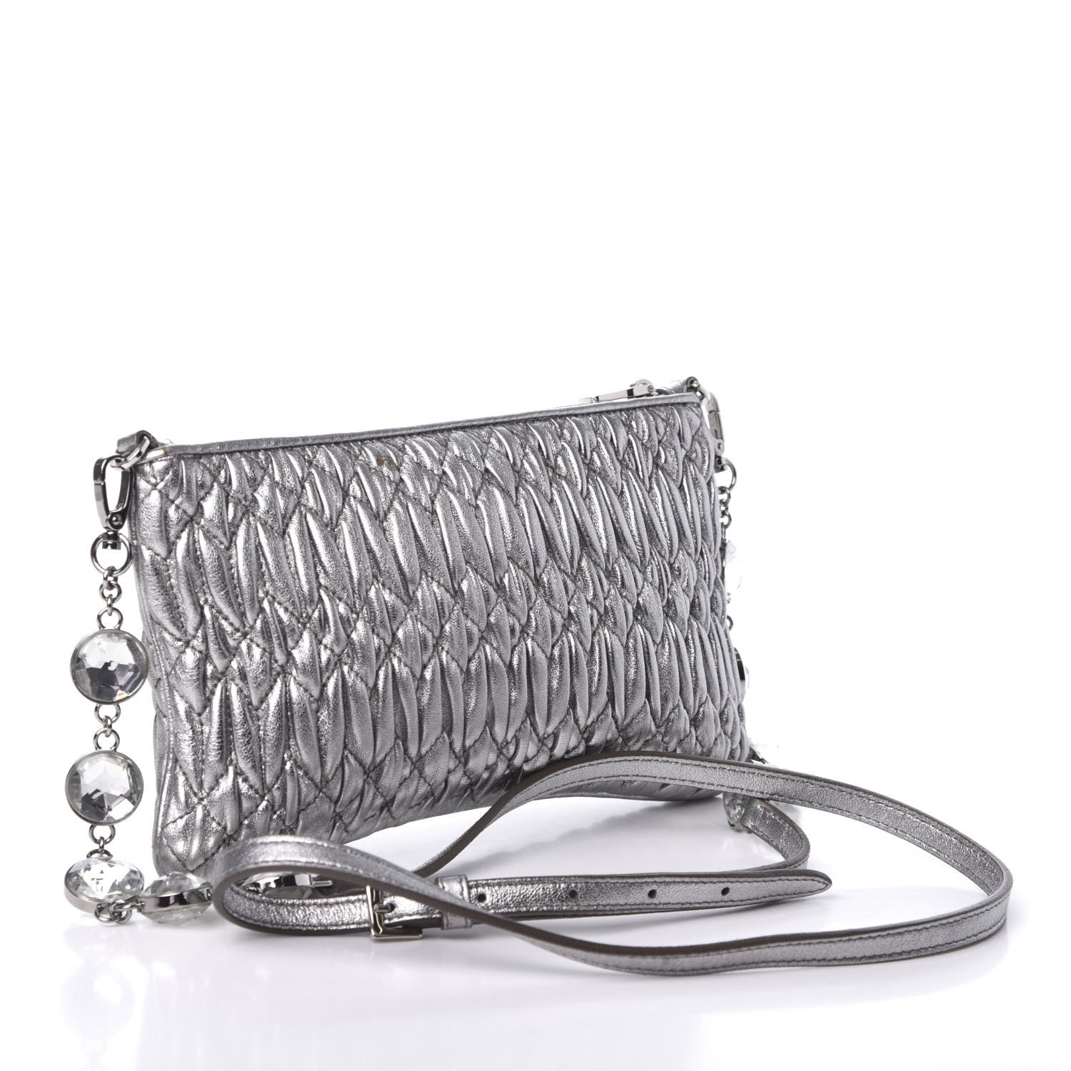 Miu Miu Metallic Nappa Matelasse Crystal Chain Crossbody Cromo 3 of 9