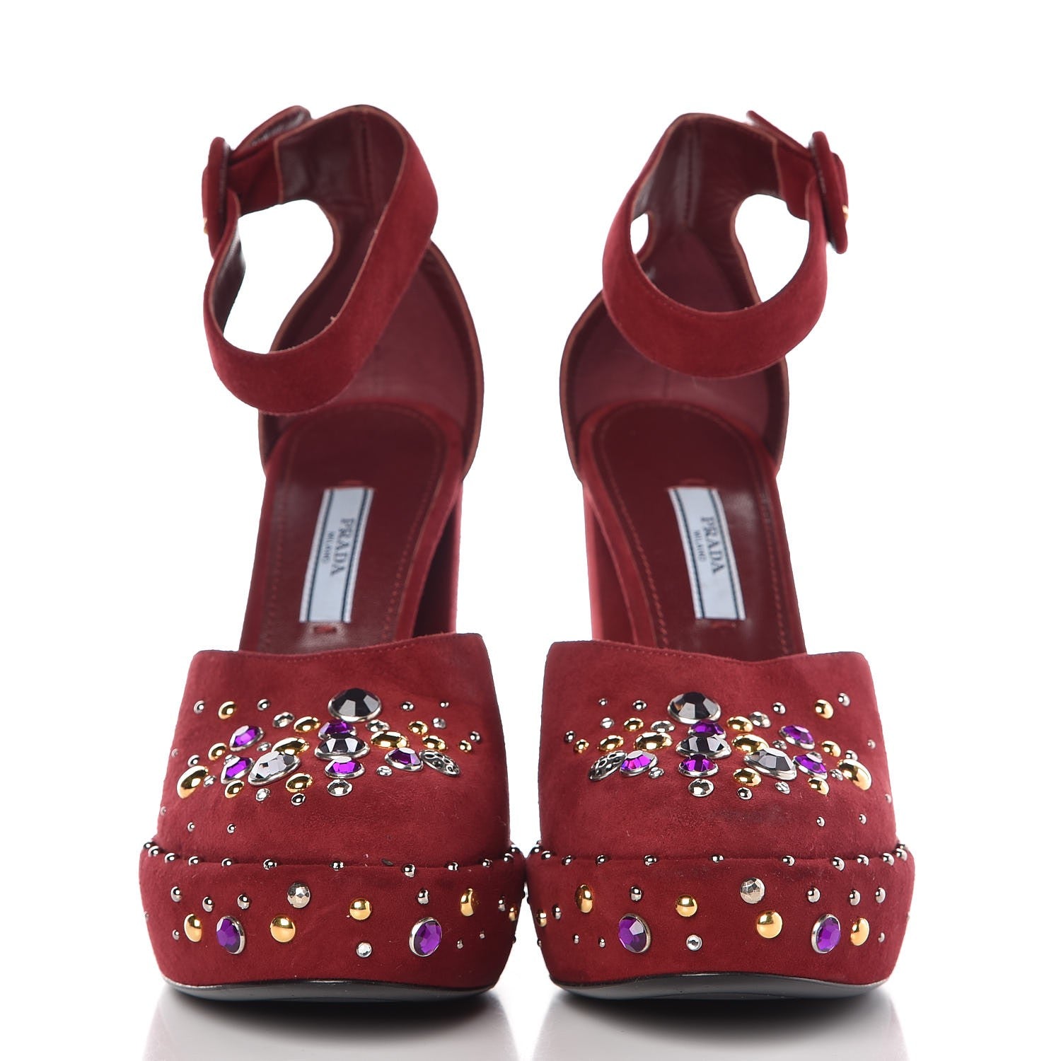 Prada Suede Crystal Embellished Platform Sandals 37.5 Burgundy 2 of 10
