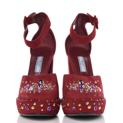 Prada Suede Crystal Embellished Platform Sandals 37.5 Burgundy 2 of 10