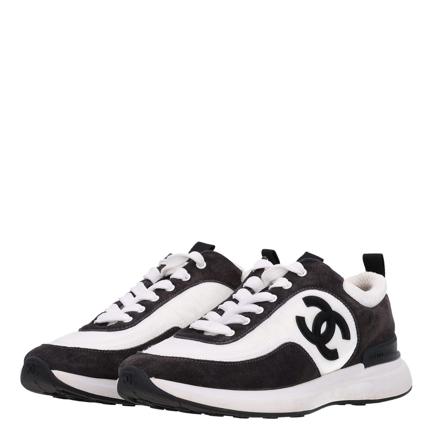 Chanel Nylon Suede Calfskin CC Sneakers 38 White Dark Grey 4 of 11
