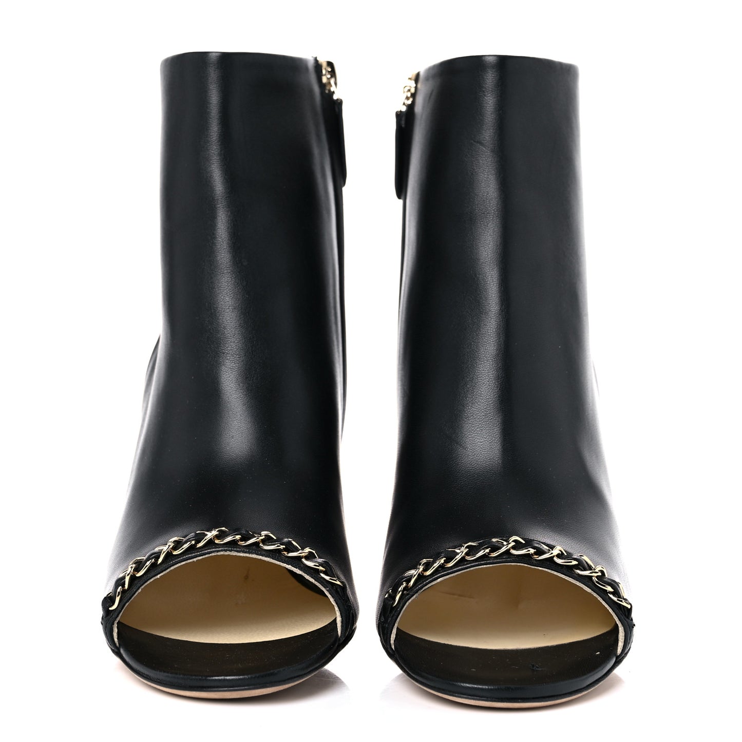 Lambskin CC Chain Peep Toe Short Boots 37.5 Black