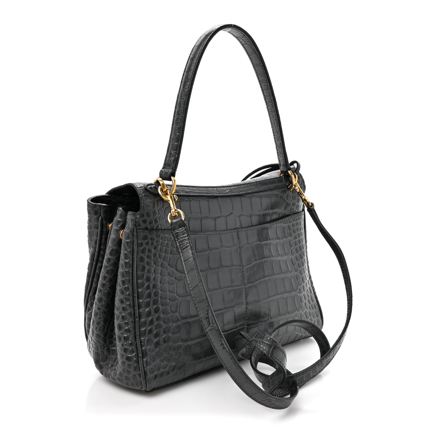 Shiny Calfskin Crocodile Embossed Small Rodeo Top Handle Handbag Grey