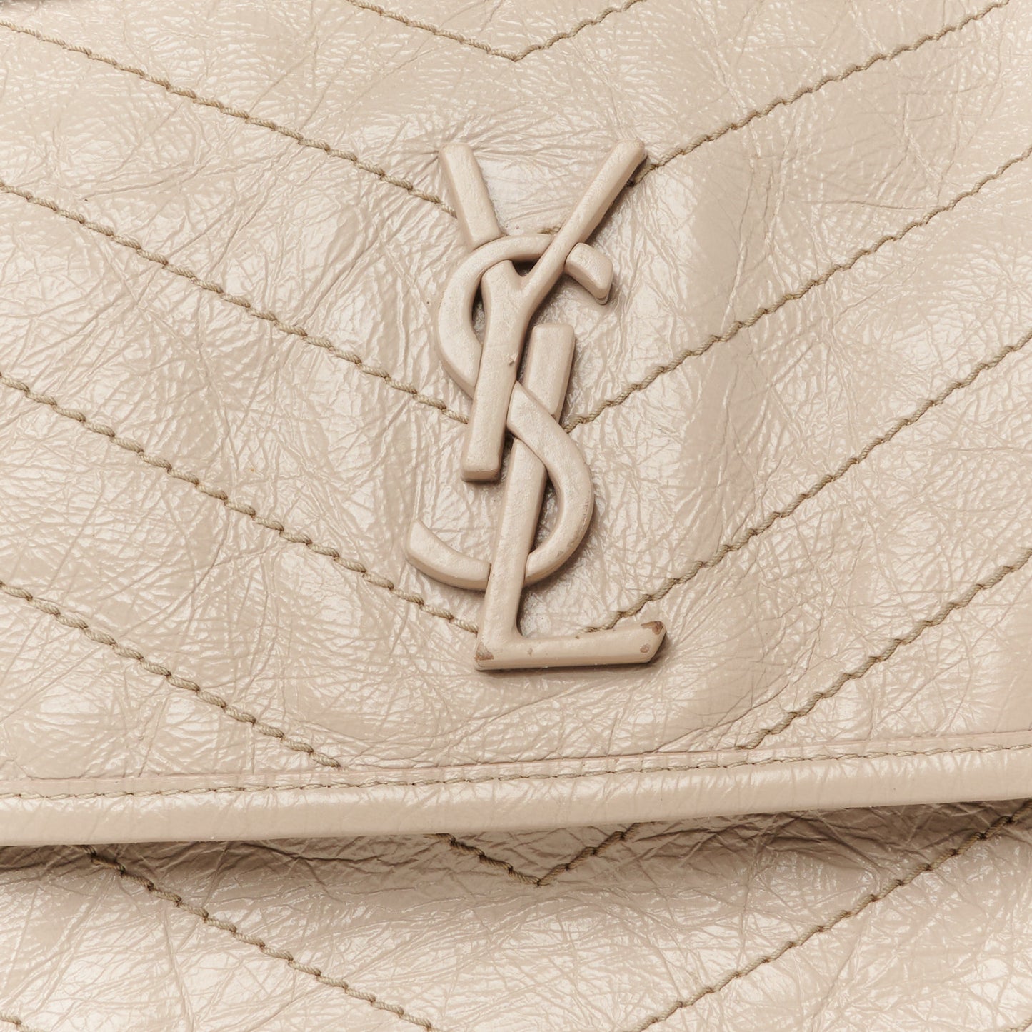 Crinkled Calfskin Matelasse Monogram Medium Niki Chain Satchel Light Taupe