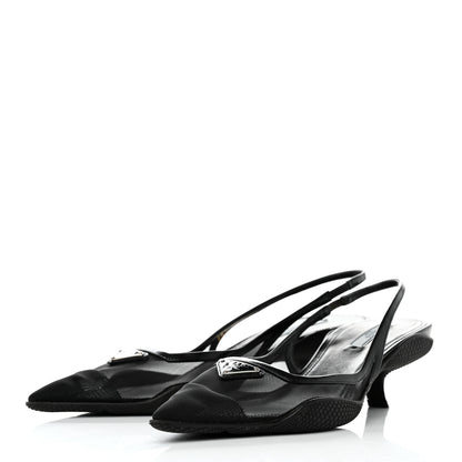 Prada Mesh Nappa Triangle Logo Pointed Toe 45mm Slingback Pumps 38.5 Black 3 of 9