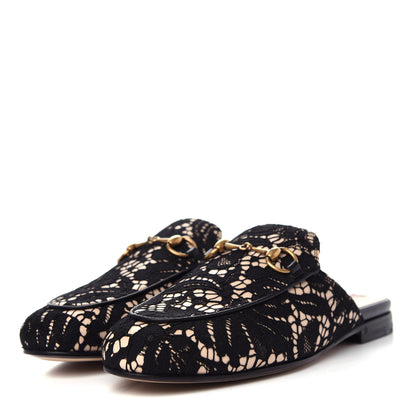 Gucci Lace Malaga Kid Womens Princetown Slippers 35.5 Black Skin Rose 3 of 10
