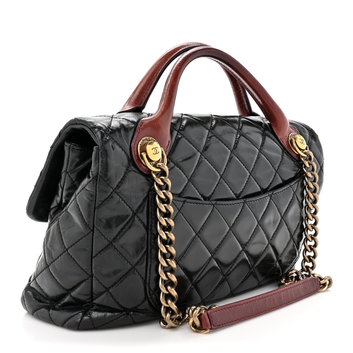 Glazed Calfskin Castle Rock Large Flap Black Burgundy