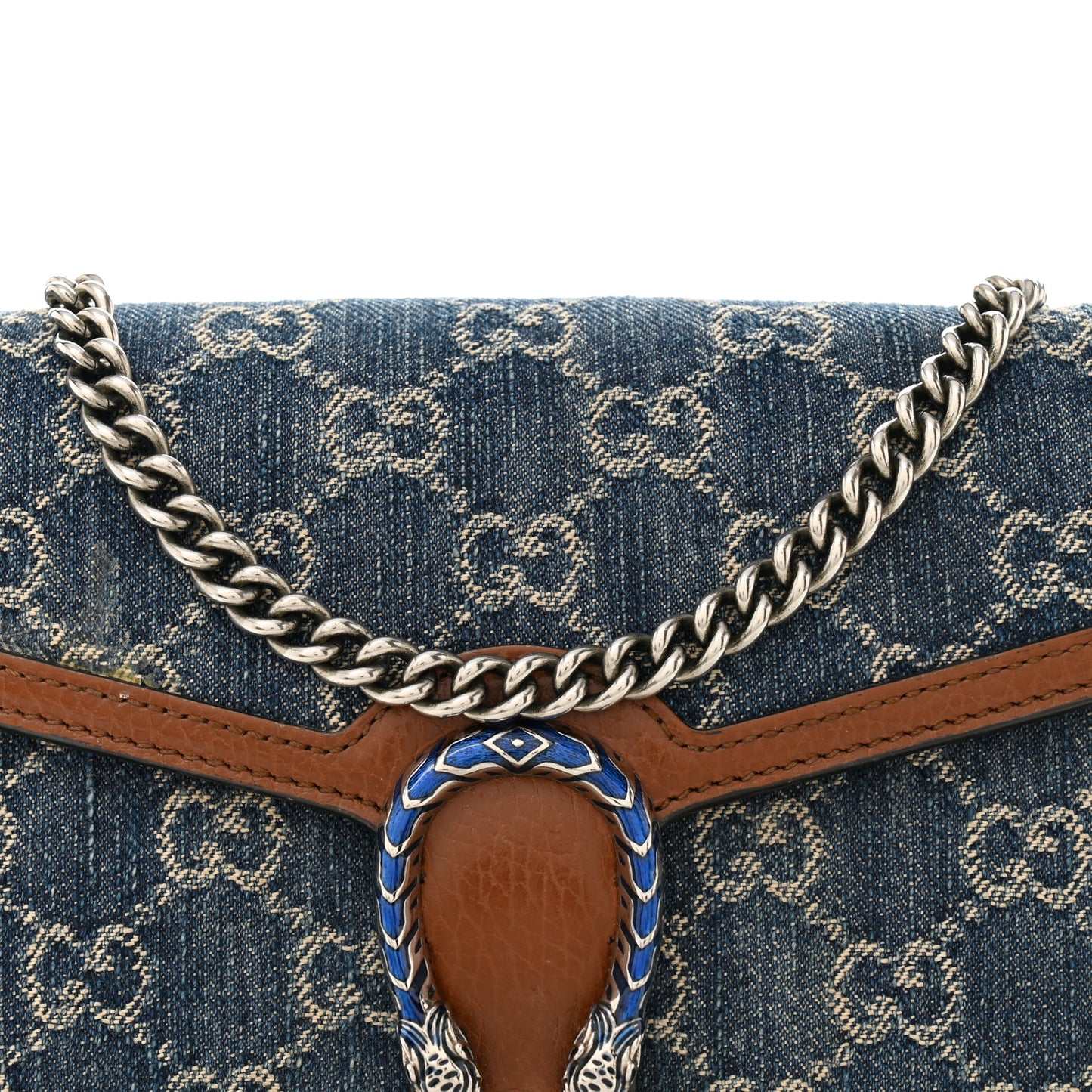 New Denim GG Monogram Dollar Calfskin Enamel Mini Dionysus Chain Wallet Blue Tea Cuir Epilog Electric Blue