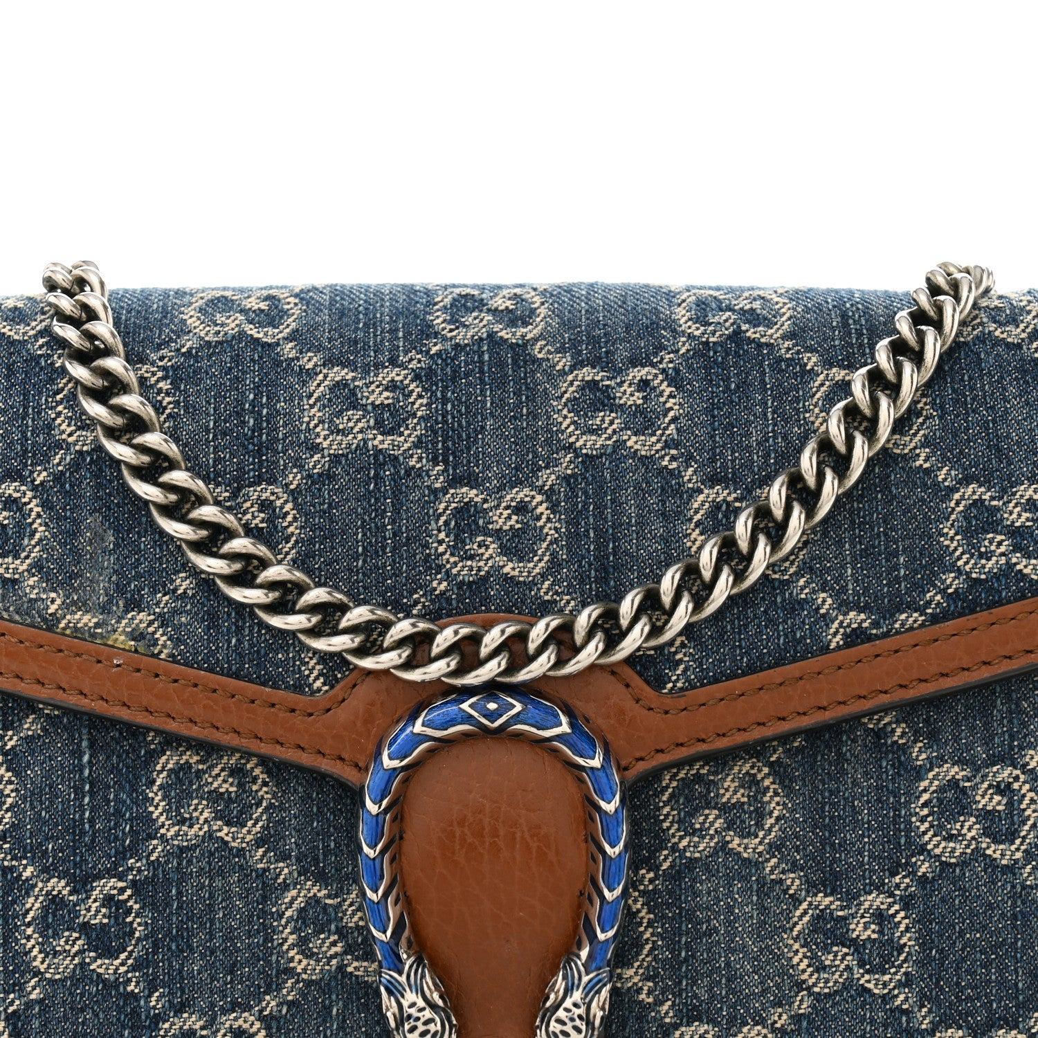 Gucci New Denim GG Monogram Dollar Calfskin Enamel Mini Dionysus Chain Wallet Blue Tea Cuir Epilog Electric Blue 8 of 14