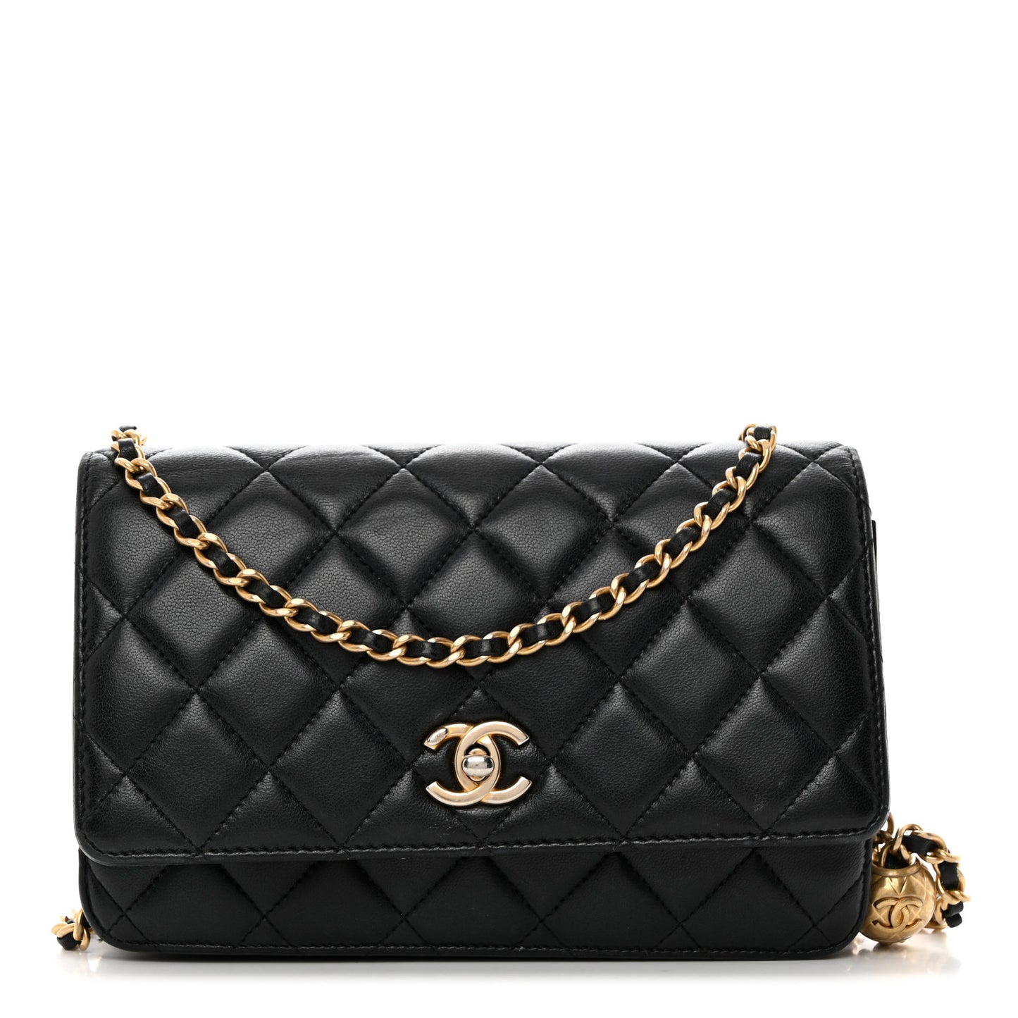 Lambskin Quilted CC Pearl Crush Wallet on Chain WOC Black