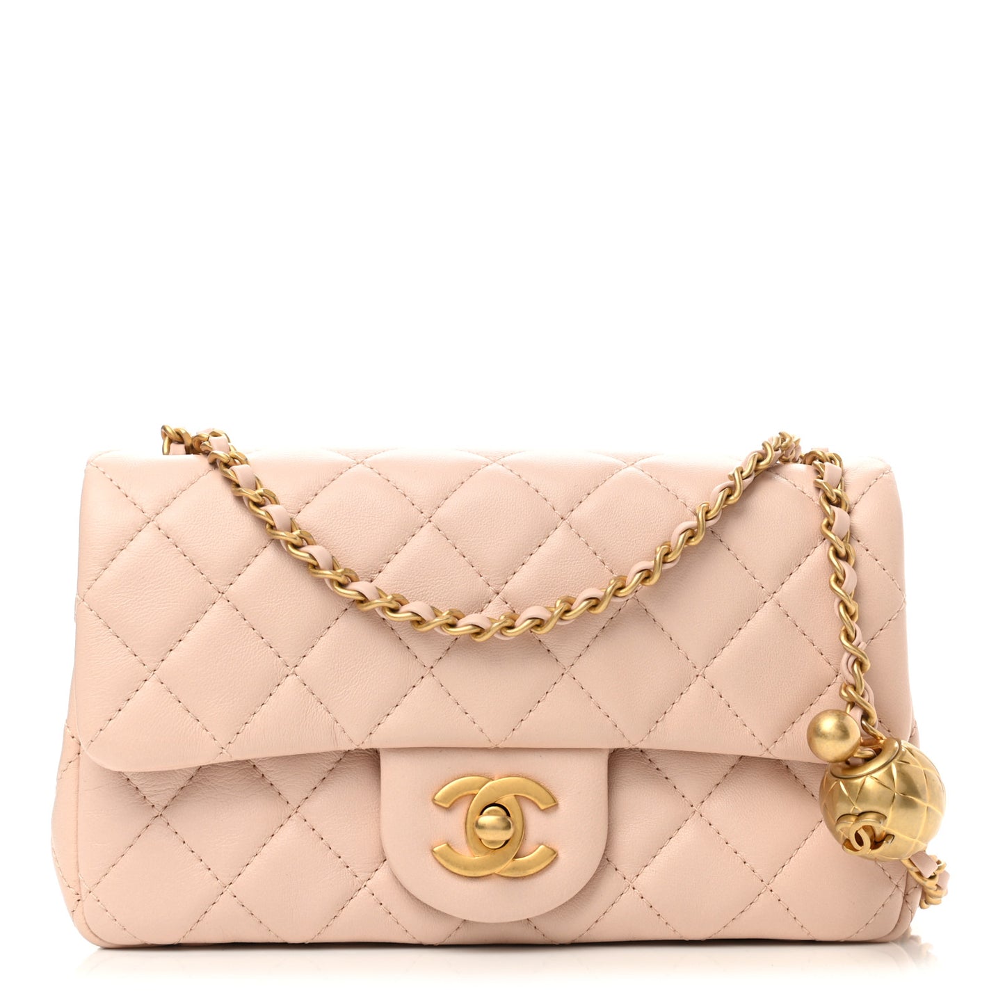 Lambskin Quilted Mini Pearl Crush Rectangular Flap Light Beige