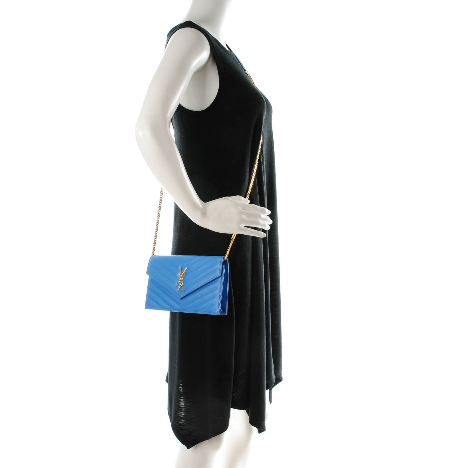 Saint Laurent Grain De Poudre Matelasse Chevron Monogram Envelope Chain Wallet Blue Clair 2 of 7