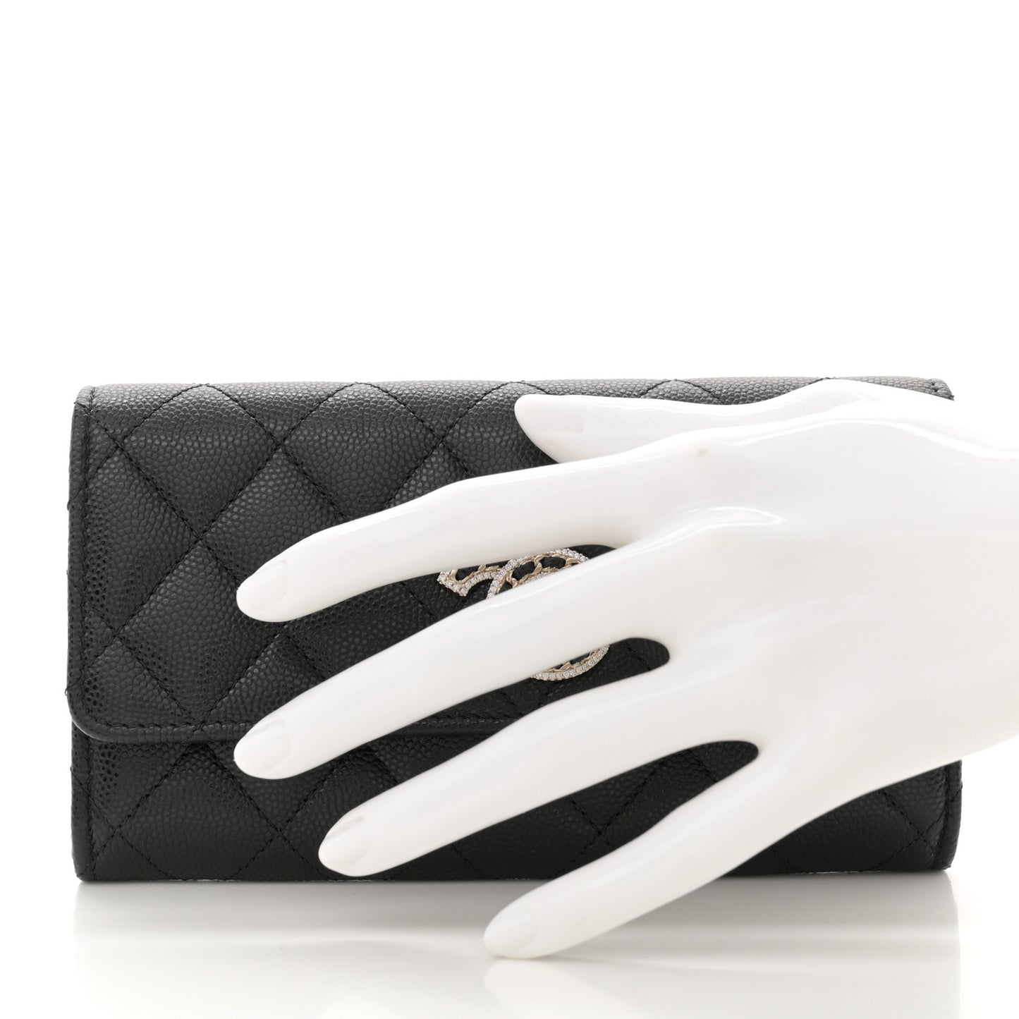 Caviar Quilted Crystal CC Large Gusset Flap Wallet Black