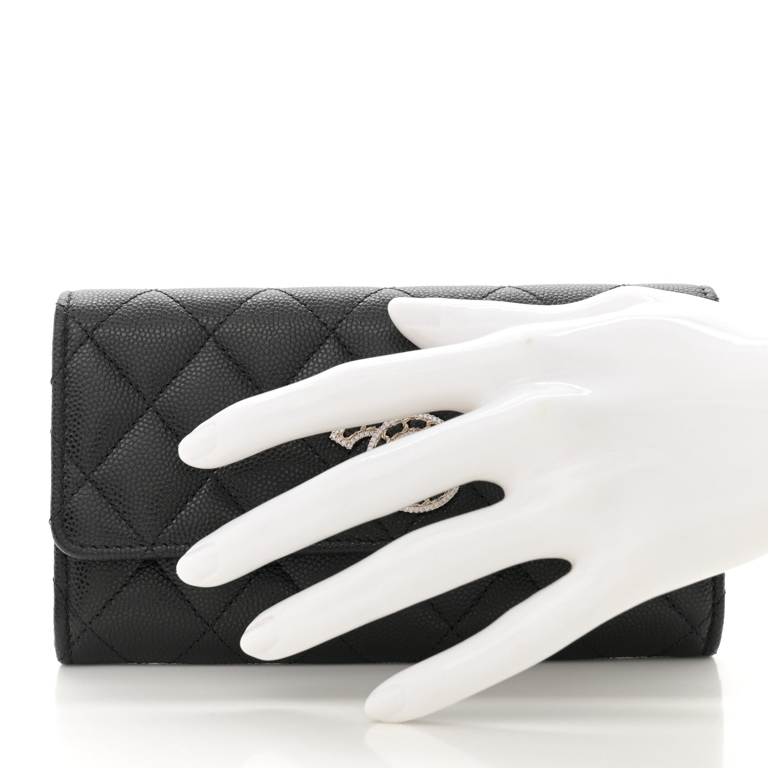 Chanel Caviar Quilted Crystal CC Large Gusset Flap Wallet Black 2 of 9