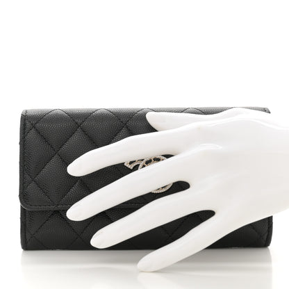 Chanel Caviar Quilted Crystal CC Large Gusset Flap Wallet Black 2 of 9