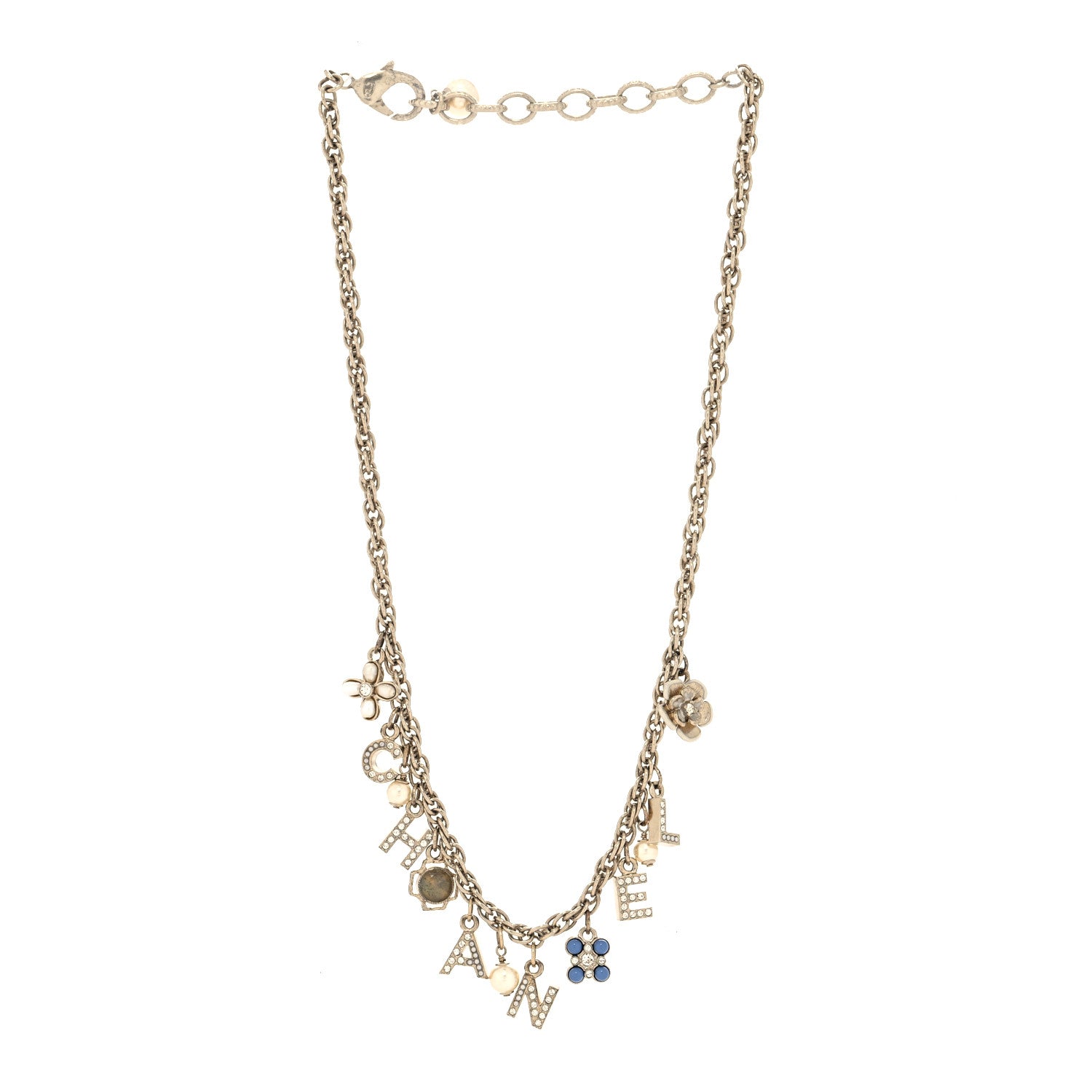 Chanel Crystal Pearl Logo Charm Necklace Gold 3 of 5