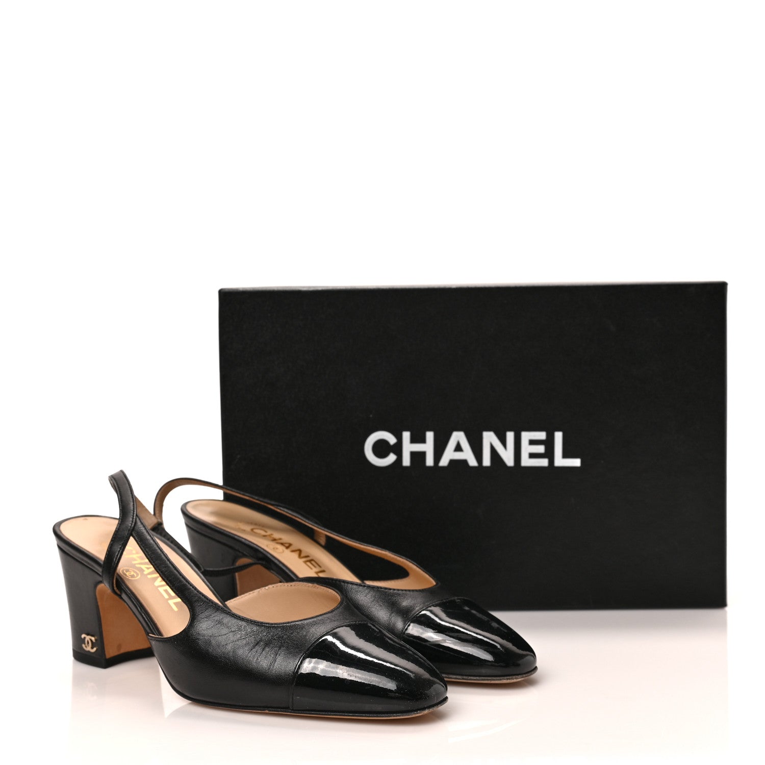 Chanel Textured Calfskin Glazed Goatskin Cap Toe CC Slingback Pumps 35 Black 8 of 8