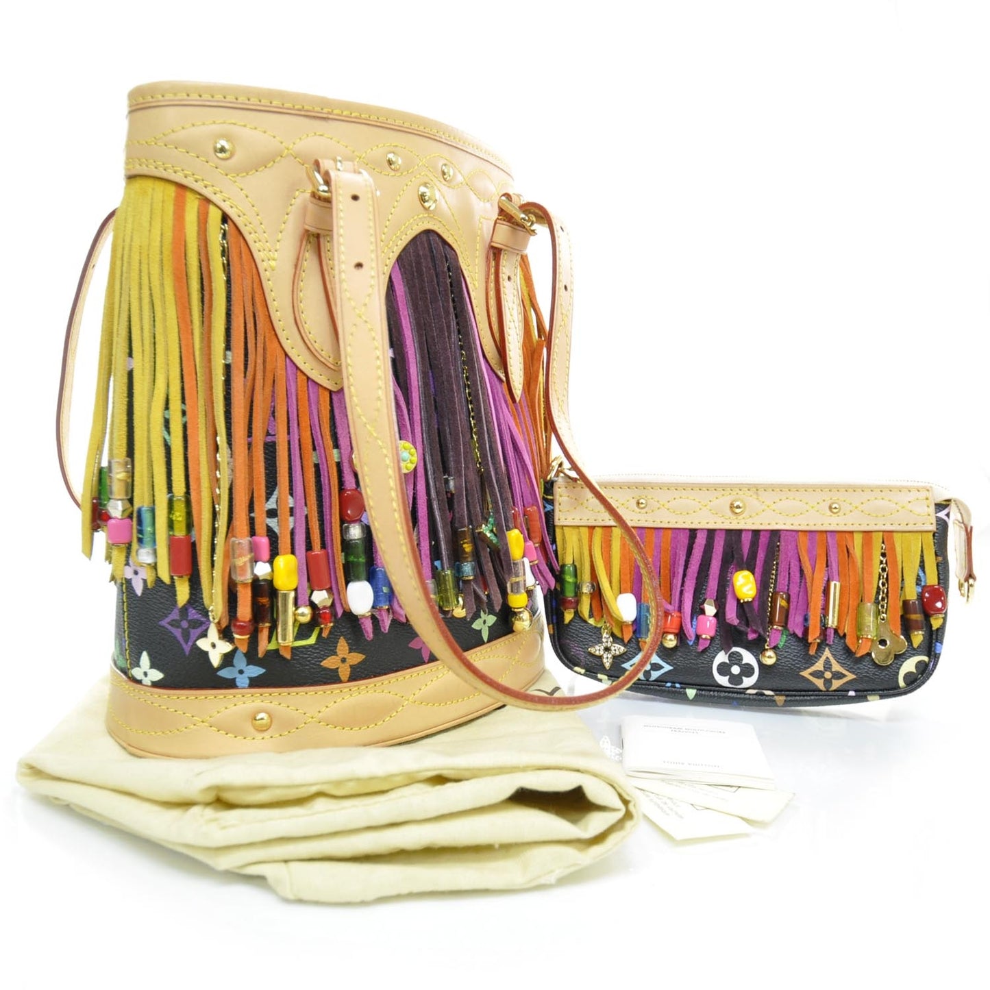 Monogram Multicolor Fringe Bucket Black