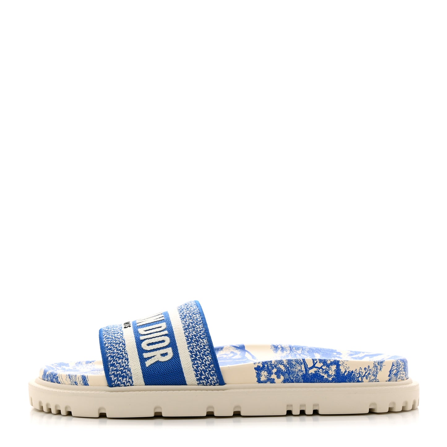 Canvas Toile de Jouy Embroidered Dway 10mm Slide Sandals 38 Off White Blue