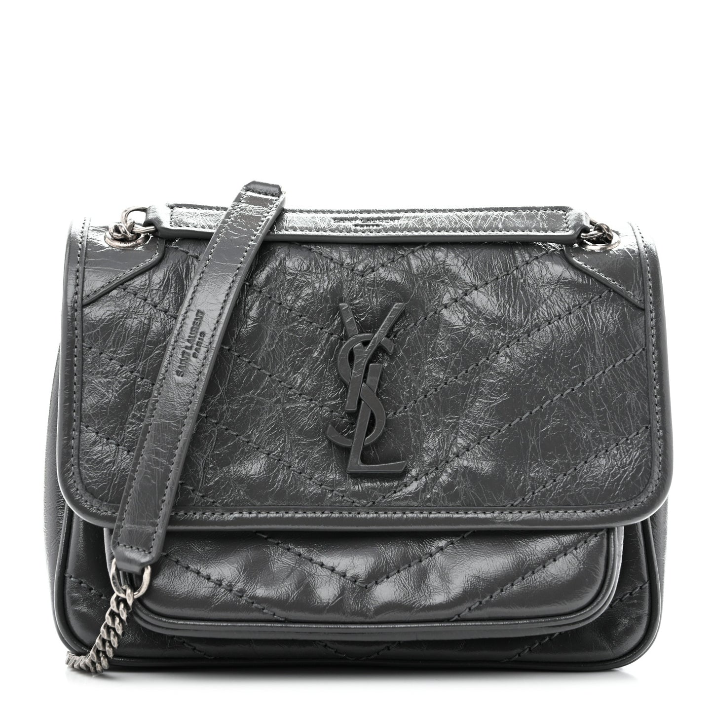 Crinkled Calfskin Matelasse Monogram Baby Niki Chain Satchel Storm