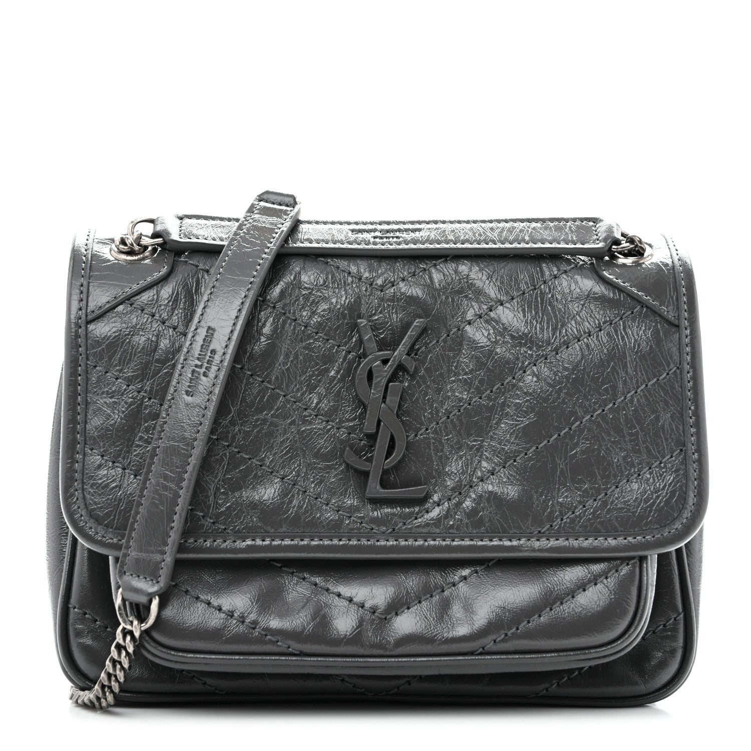 Saint Laurent Crinkled Calfskin Matelasse Monogram Baby Niki Chain Satchel Storm 1 of 13