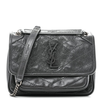 Saint Laurent Crinkled Calfskin Matelasse Monogram Baby Niki Chain Satchel Storm 1 of 13