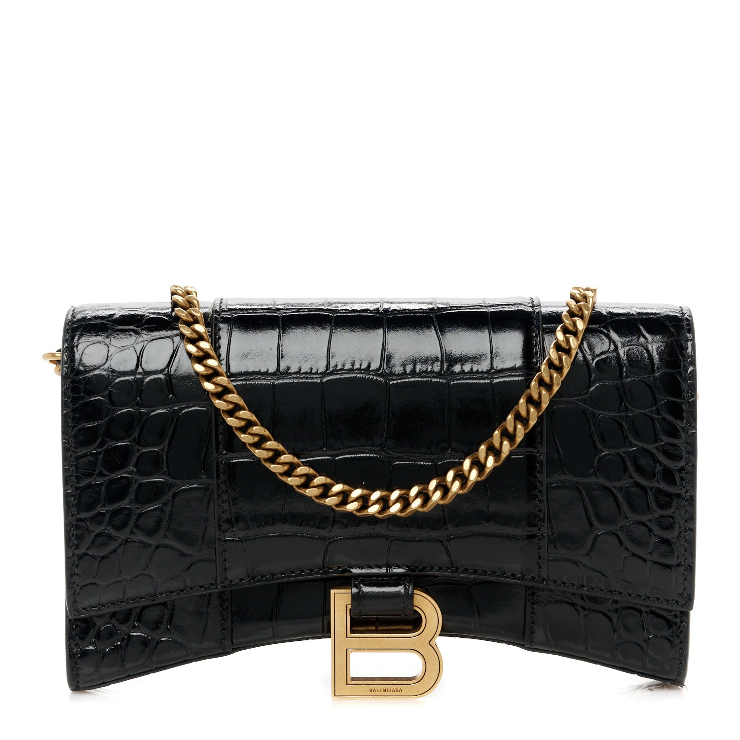 Balenciaga Shiny Calfskin Crocodile Embossed Hourglass Chain Bag Black 1 of 11