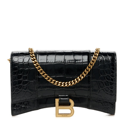 Balenciaga Shiny Calfskin Crocodile Embossed Hourglass Chain Bag Black 1 of 11