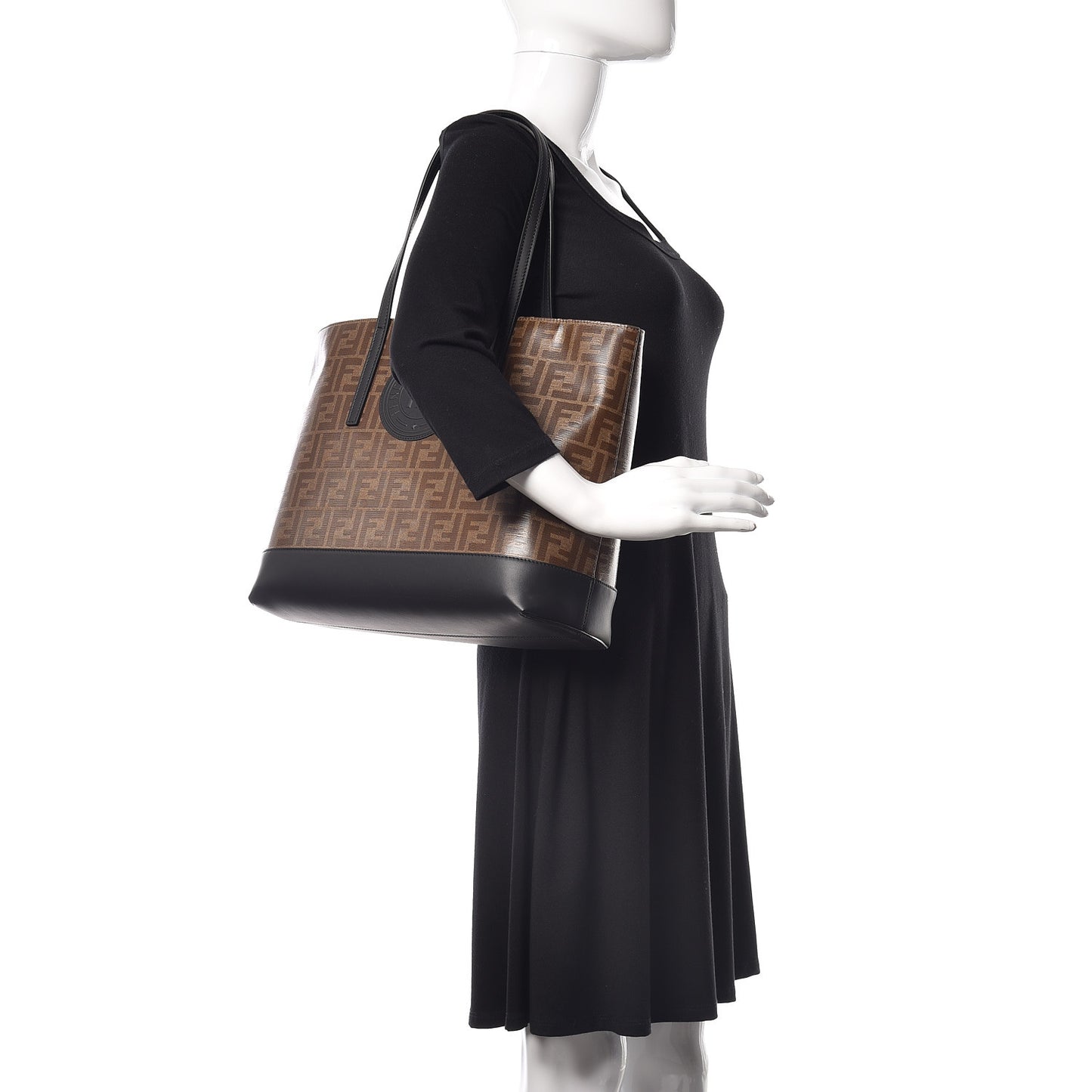 Glazed Fabric Vitello Century FF 1974 Stamp Patch Shopping Tote Mogano Panna Black