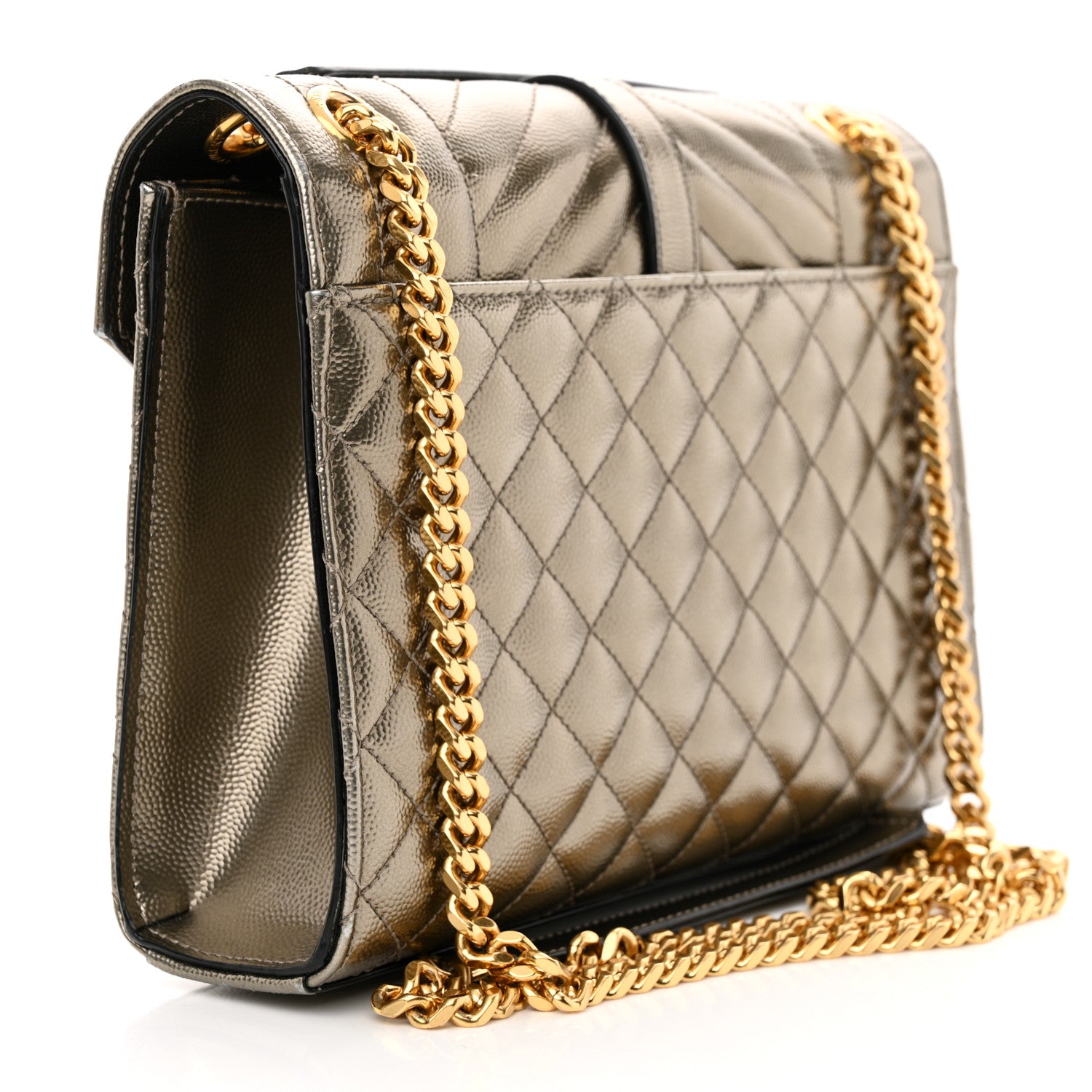 Saint Laurent Metallic Grain De Poudre Textured Mixed Matelasse Triquilt Medium Monogram Satchel Gold 3 of 16