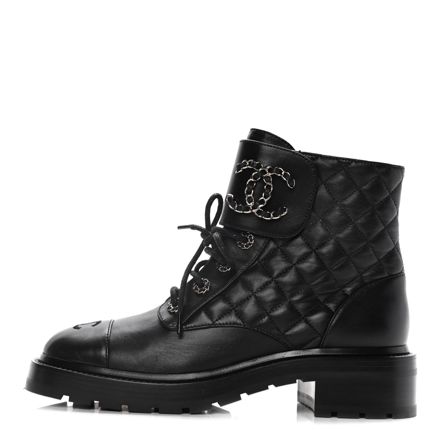 Shiny Lambskin Quilted Lace Up Combat Boots 39.5 Black