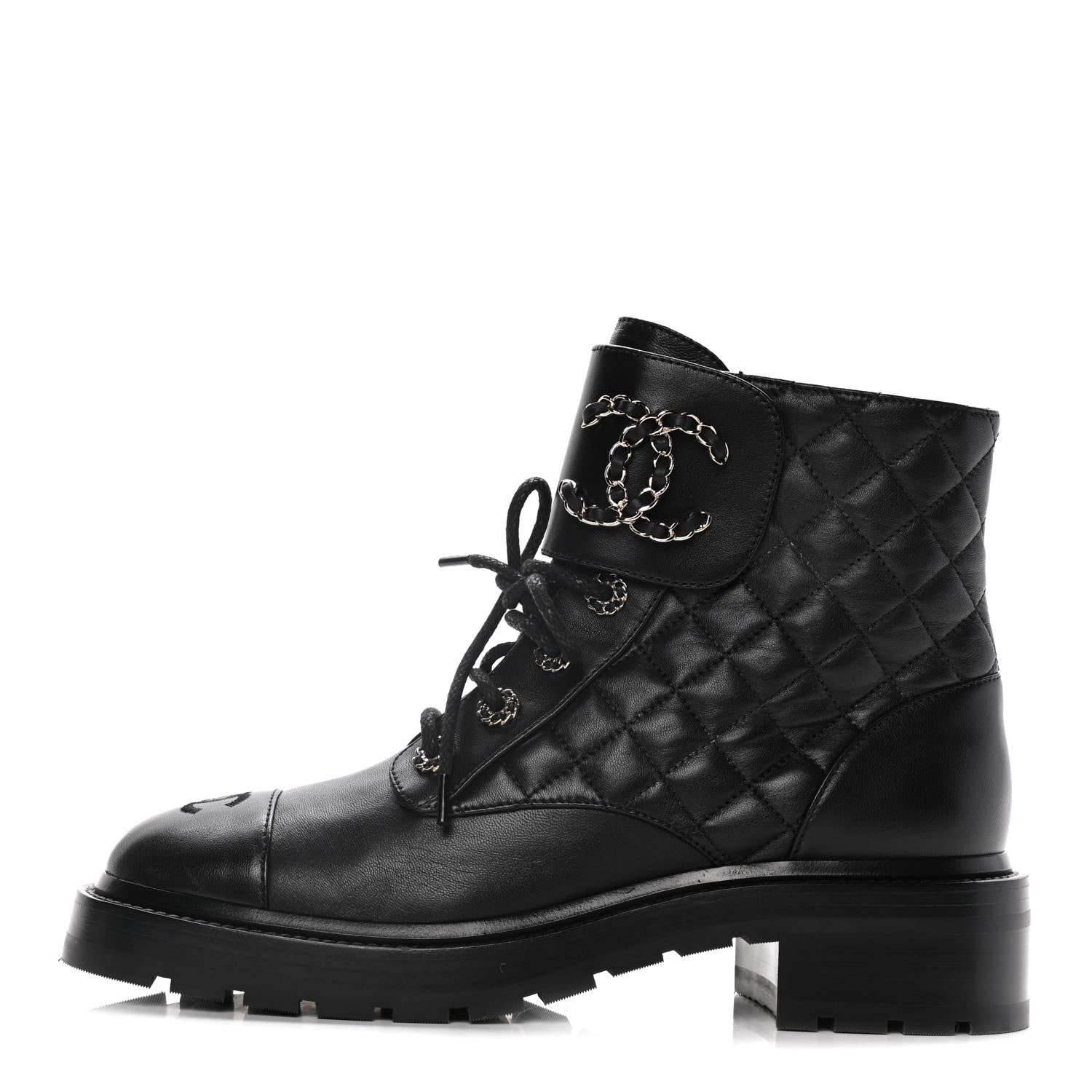 Chanel Shiny Lambskin Quilted Lace Up Combat Boots 39.5 Black 1 of 16