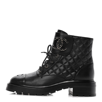 Chanel Shiny Lambskin Quilted Lace Up Combat Boots 39.5 Black 1 of 16