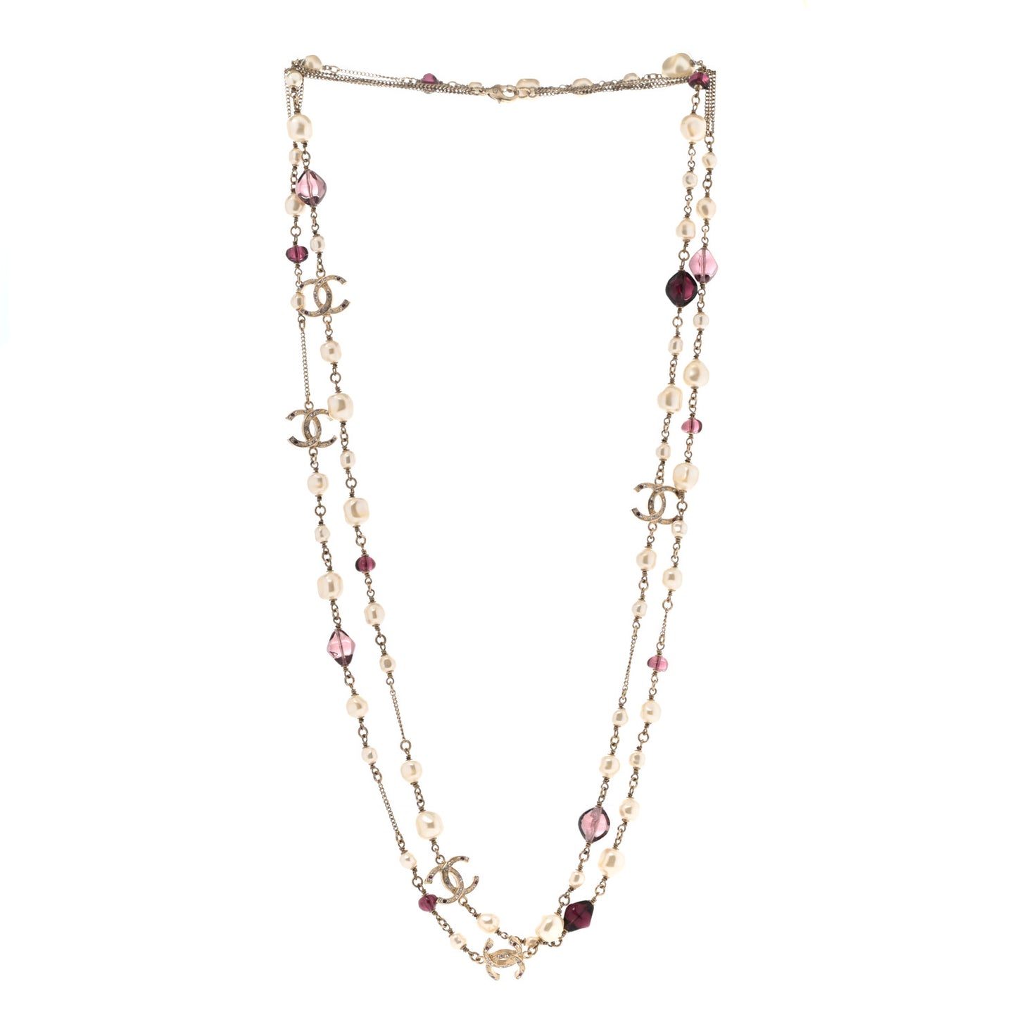 Beaded Pearl Crystal CC Long Strand Necklace Gold Purple