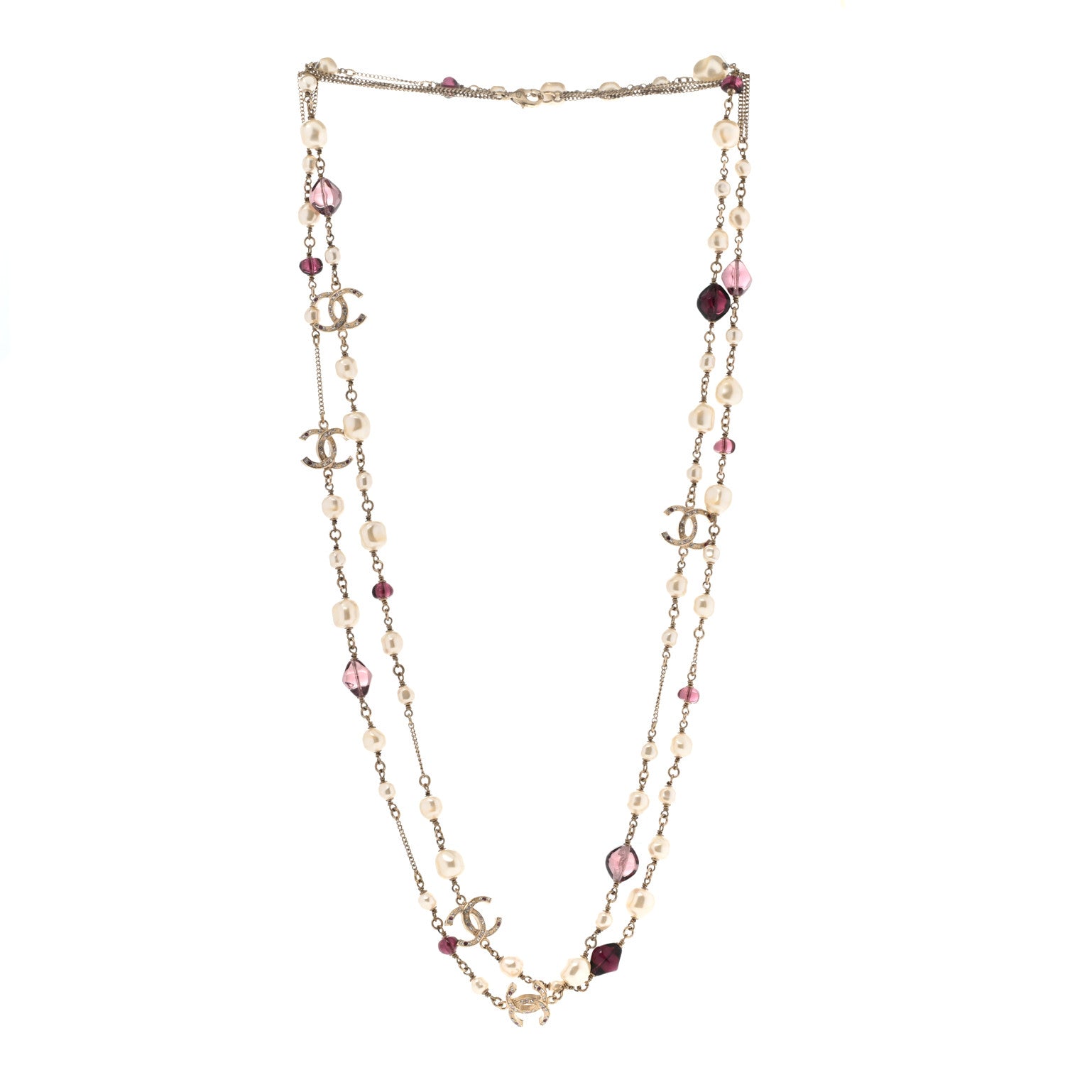 Chanel Beaded Pearl Crystal CC Long Strand Necklace Gold Purple 3 of 9