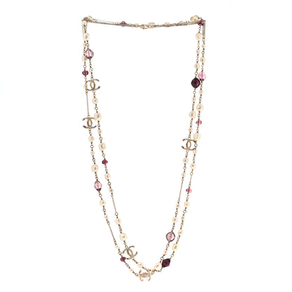 Chanel Beaded Pearl Crystal CC Long Strand Necklace Gold Purple 3 of 9