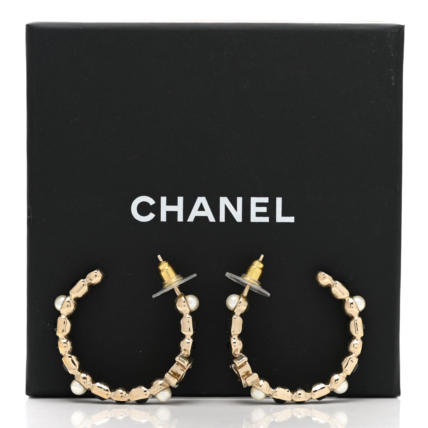 Lambskin Pearl CC Chain Hoop Earrings Gold Black