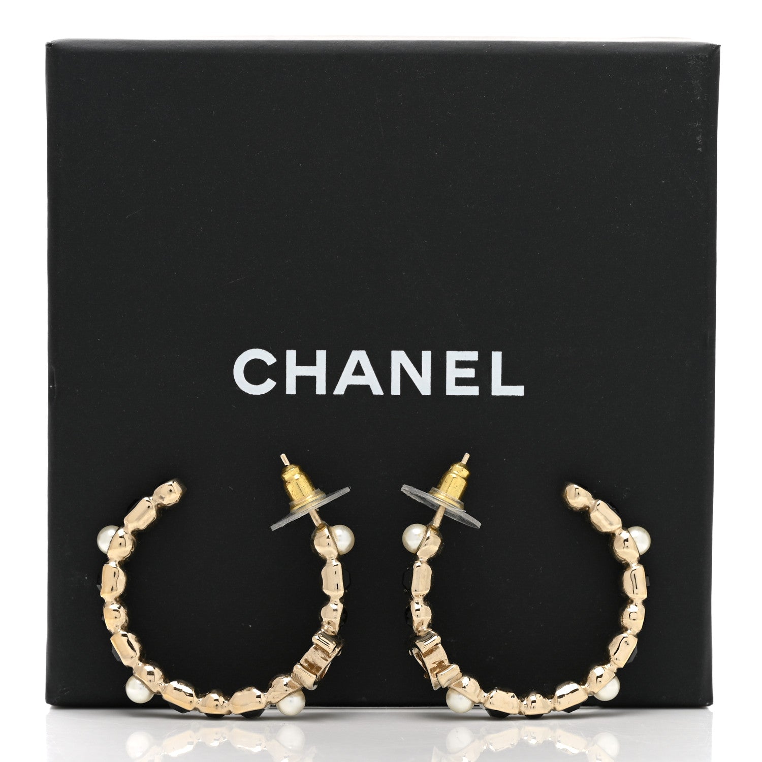 Chanel Lambskin Pearl CC Chain Hoop Earrings Gold Black 5 of 5