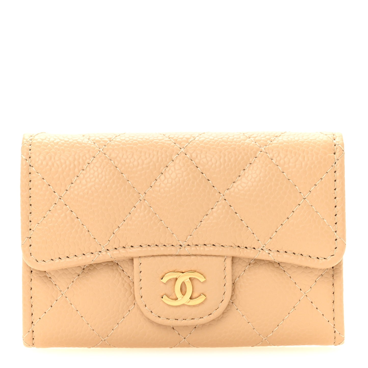 Caviar Quilted Flap Card Holder Wallet Beige