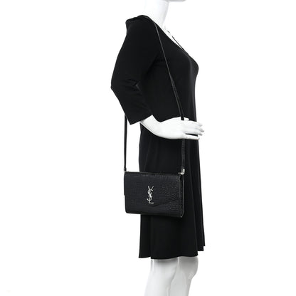 Saint Laurent Calfskin Crocodile Embossed Monogram Mini Uptown Crossbody Black 2 of 16